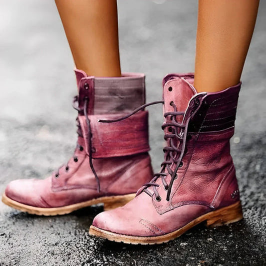 Retro Vintage Leather Lace-Up Boots for Women