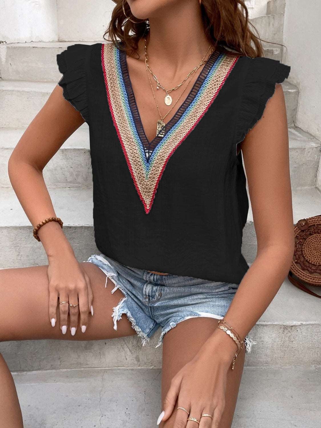 Maja | Ruffled V-Neck Blouse - Cap Sleeve Women's Top