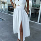 Lucy - Stylish midi dress with slit and neckline