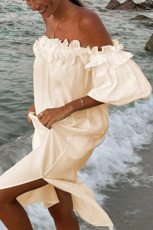 Jamila - Linen dress with ruffles off the shoulder