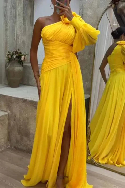 Erminda - Pleated maxi dress with one-sided sleeves