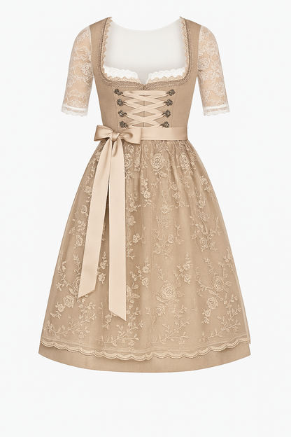 Women's Dirndl Traditional Dress: Elegant Midi Dirndl with Embroidery, Lace, and Apron