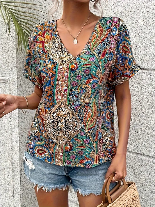Elizabeth – Elegant blouse with paisley print and V-neck