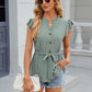 Leimomi | Button Eyelet Notched Cap Sleeve Women's Blouse - Stylish & Feminine Top