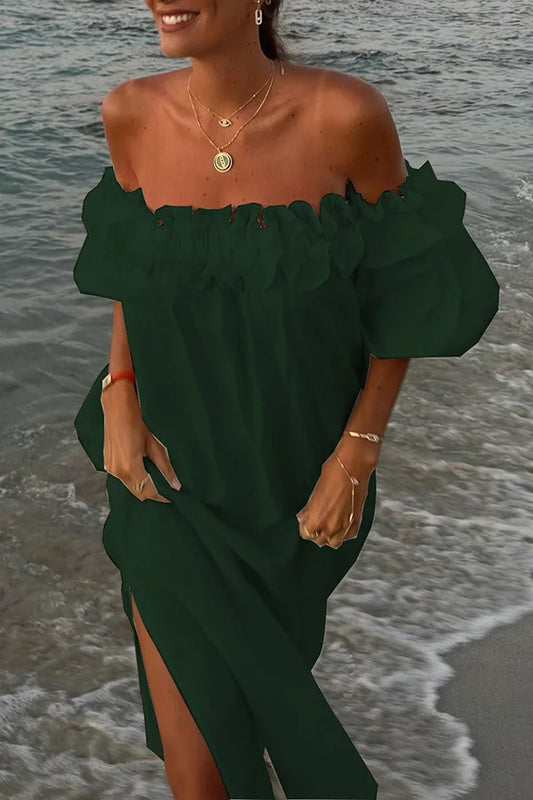 Ruby - Off-the-shoulder ruffled midi dress with puff sleeves and pockets