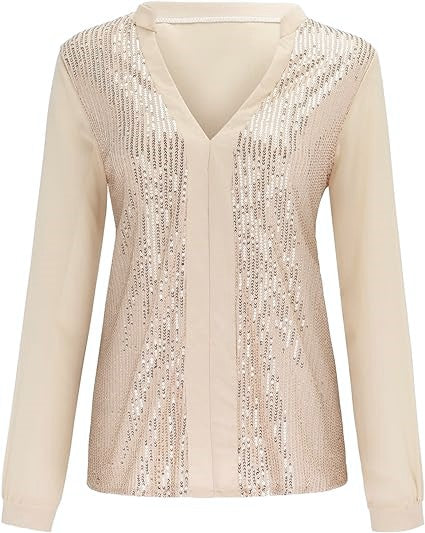 Plus Size Sequined Blouse with V-Neck