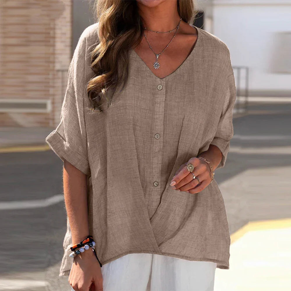 Plus Size Top with Half Sleeves, V-Neckline, and Buttons for Spring 2025