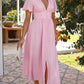 Women's V-Neck Midi Dress with Puff Sleeves for Summer