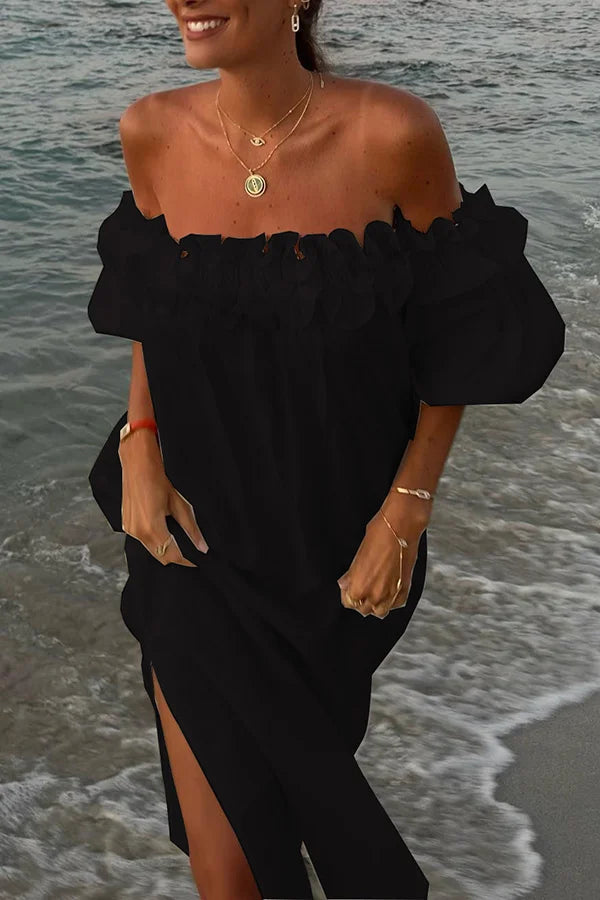 Ruby - Off-the-shoulder ruffled midi dress with puff sleeves and pockets