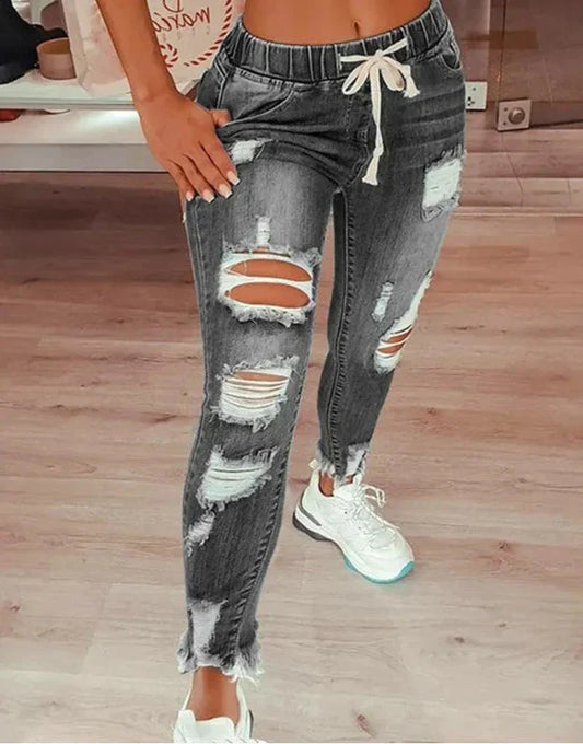 Emmeline - Fashion Slim Elastic Waist Ripped Jeans