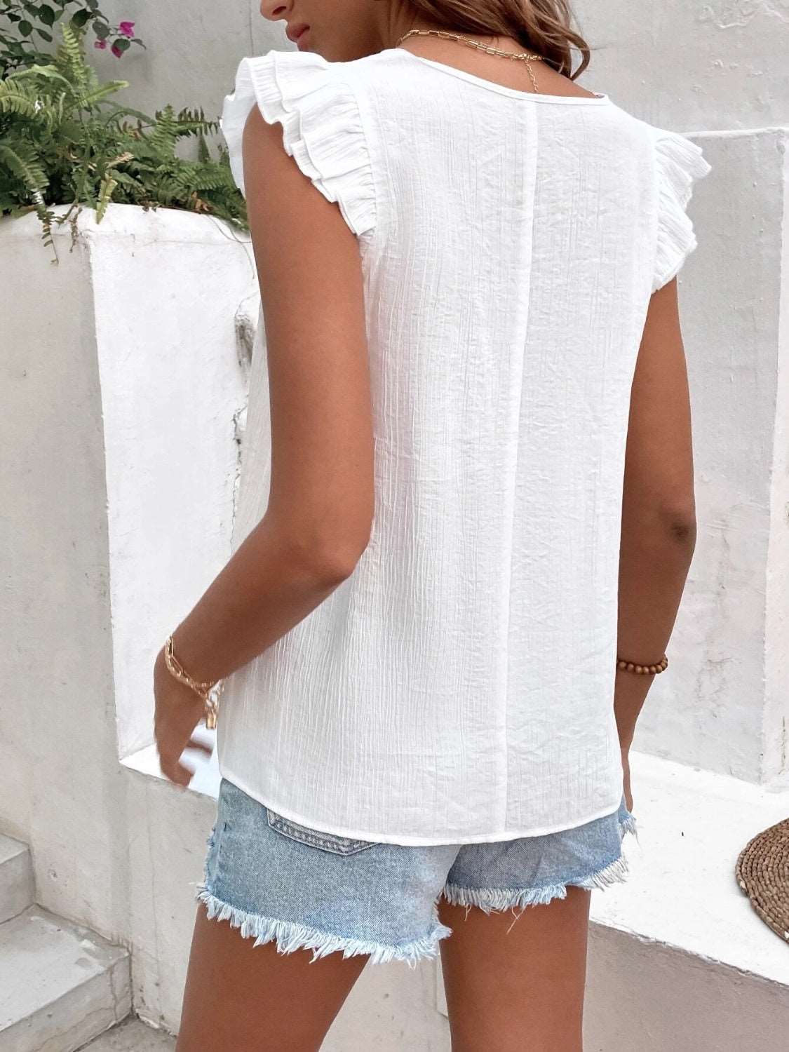 Maja | Ruffled V-Neck Blouse - Cap Sleeve Women's Top