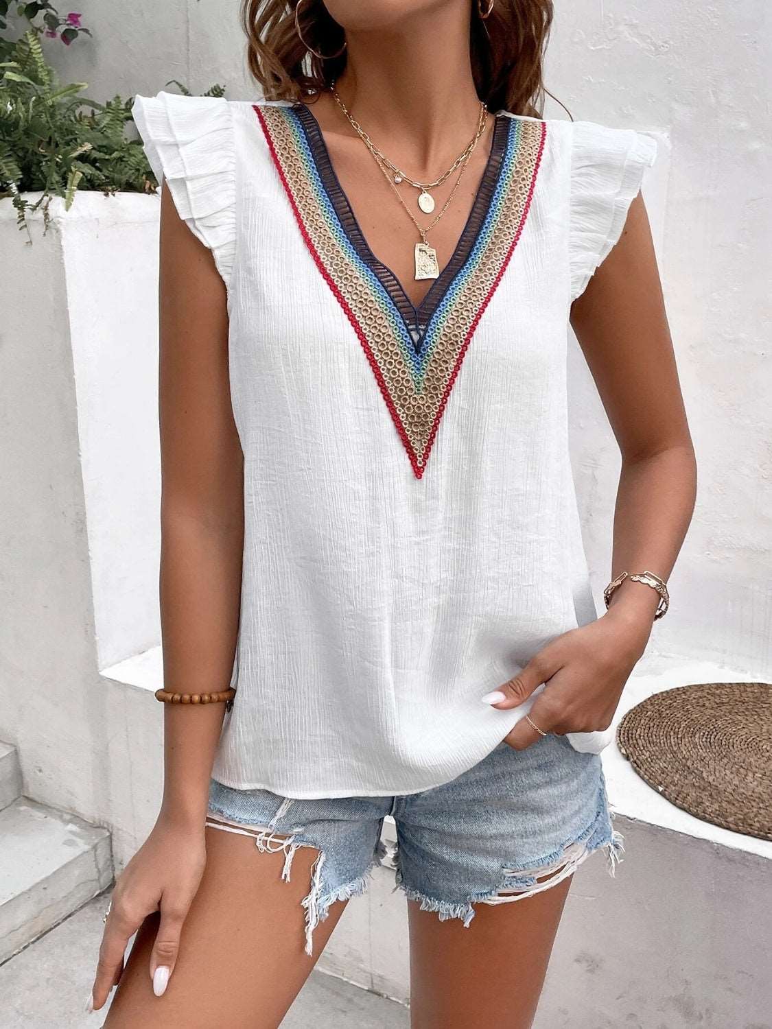 Maja | Ruffled V-Neck Blouse - Cap Sleeve Women's Top