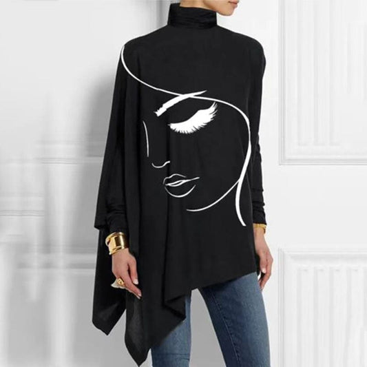 Nadini | Figure Graphic Batwing Sleeve Mock Neck Blouse - Unique & Chic