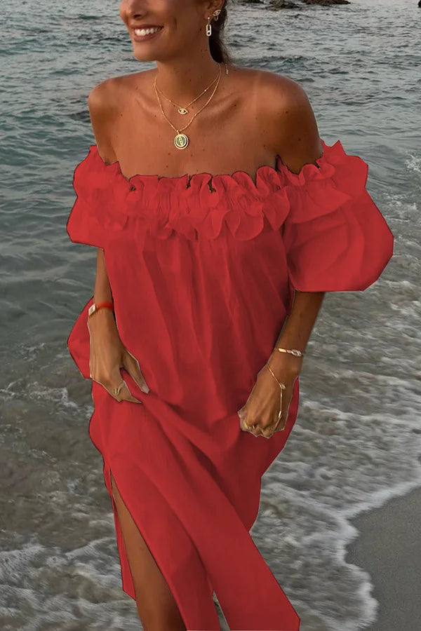 Ruby - Off-the-shoulder ruffled midi dress with puff sleeves and pockets