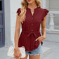 Leimomi | Button Eyelet Notched Cap Sleeve Women's Blouse - Stylish & Feminine Top