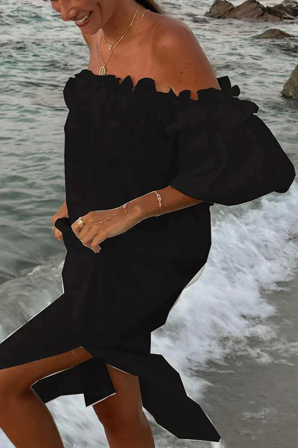 Jamila - Linen dress with ruffles off the shoulder