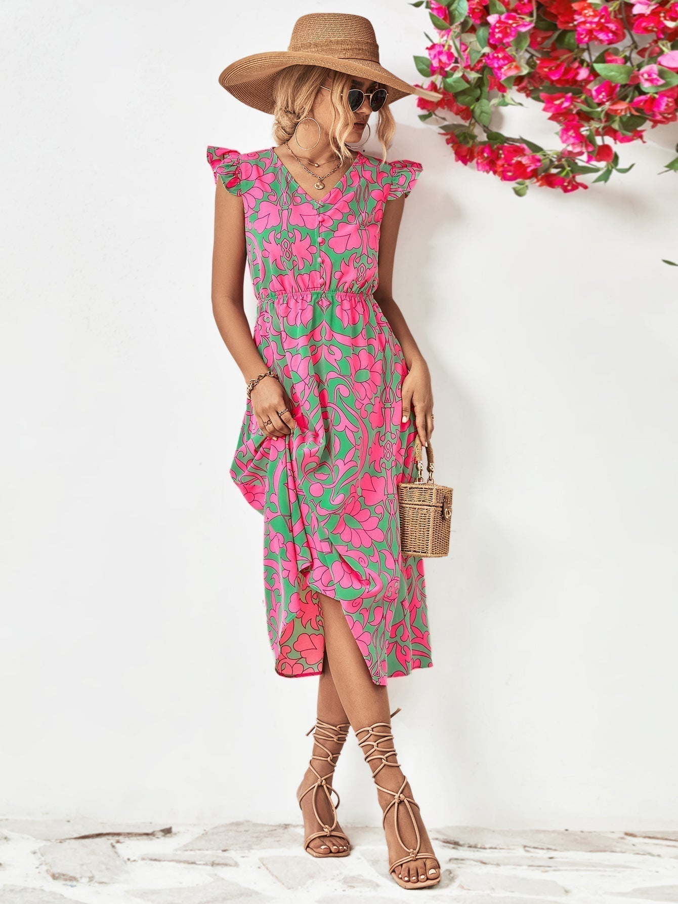 WENNY - Short sleeve dress with floral V-neck