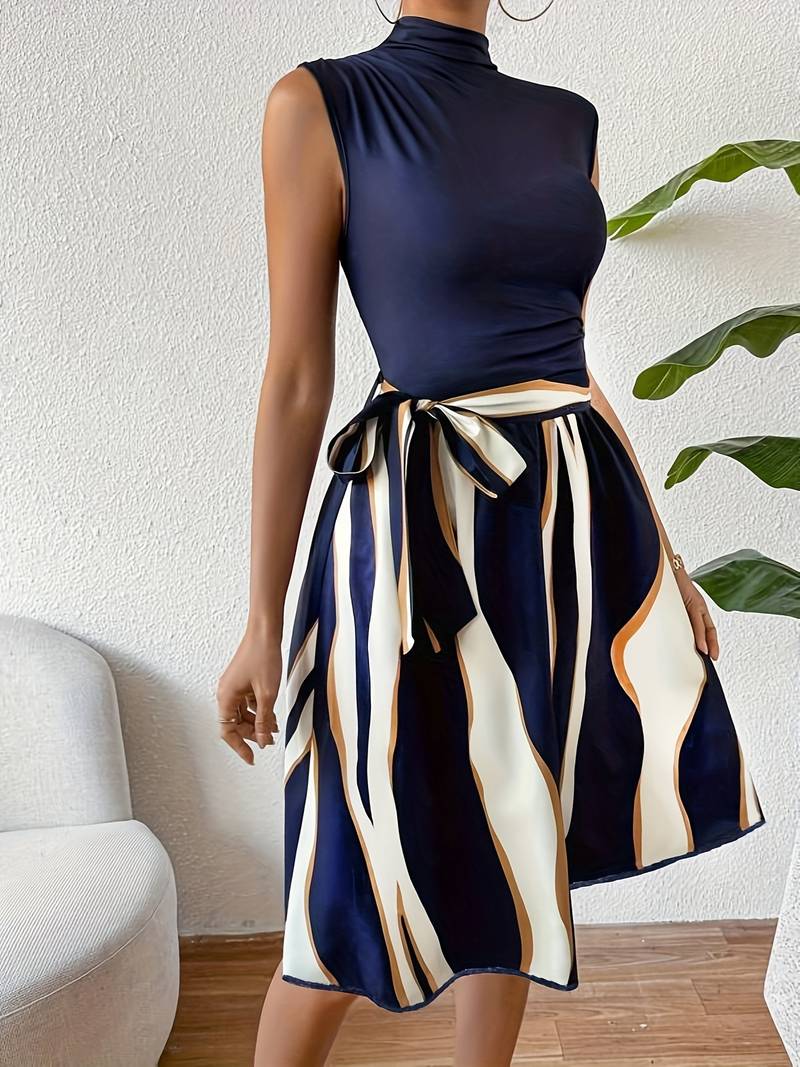 Lucy – Stylish Patchwork Dress with Belt and Striped Print