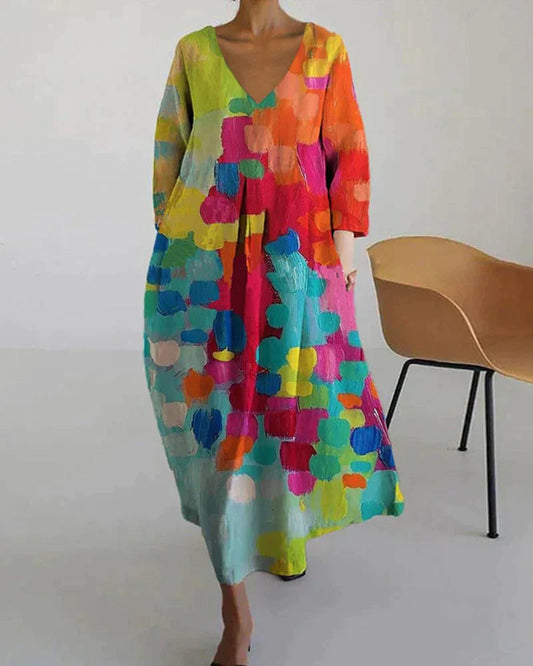 Colorful Boho Maxi Dress with V-Neck – Flowy Casual Dress with Abstract Pattern