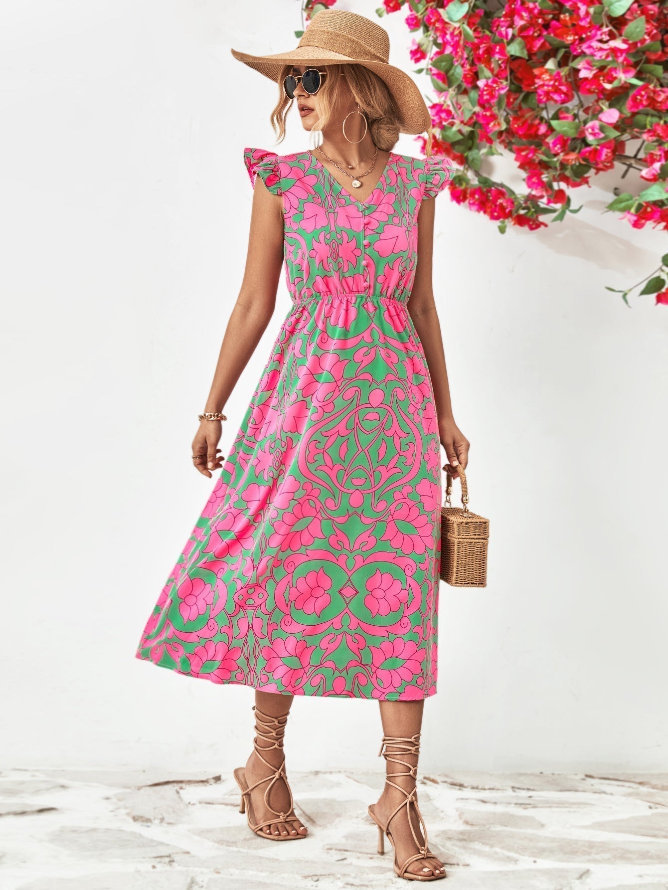 WENNY - Short sleeve dress with floral V-neck