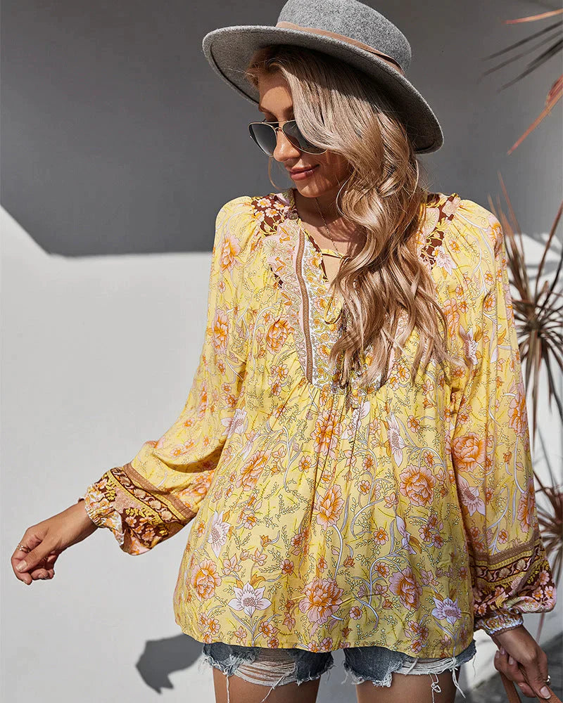 Vintage Boho Summer Blouse with Floral Print and Long Sleeves – Sana