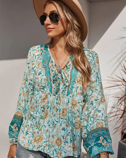 Vintage Boho Summer Blouse with Floral Print and Long Sleeves – Sana
