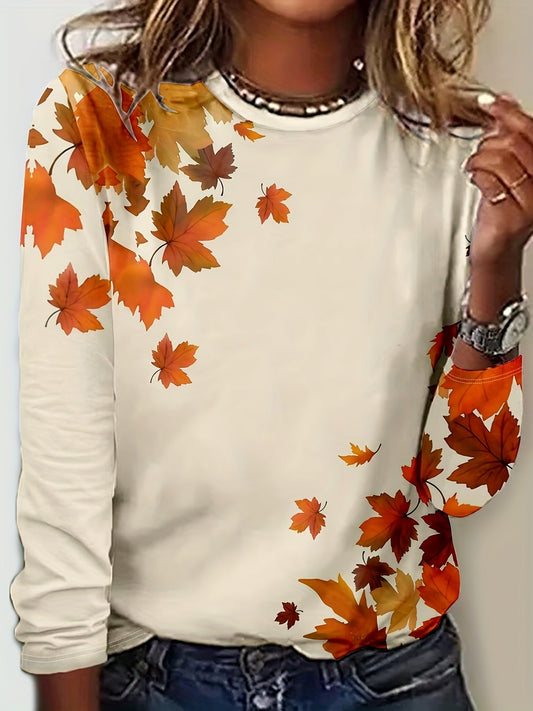 Women's T-Shirt with Maple Leaf Print and Short Sleeves - Elayna