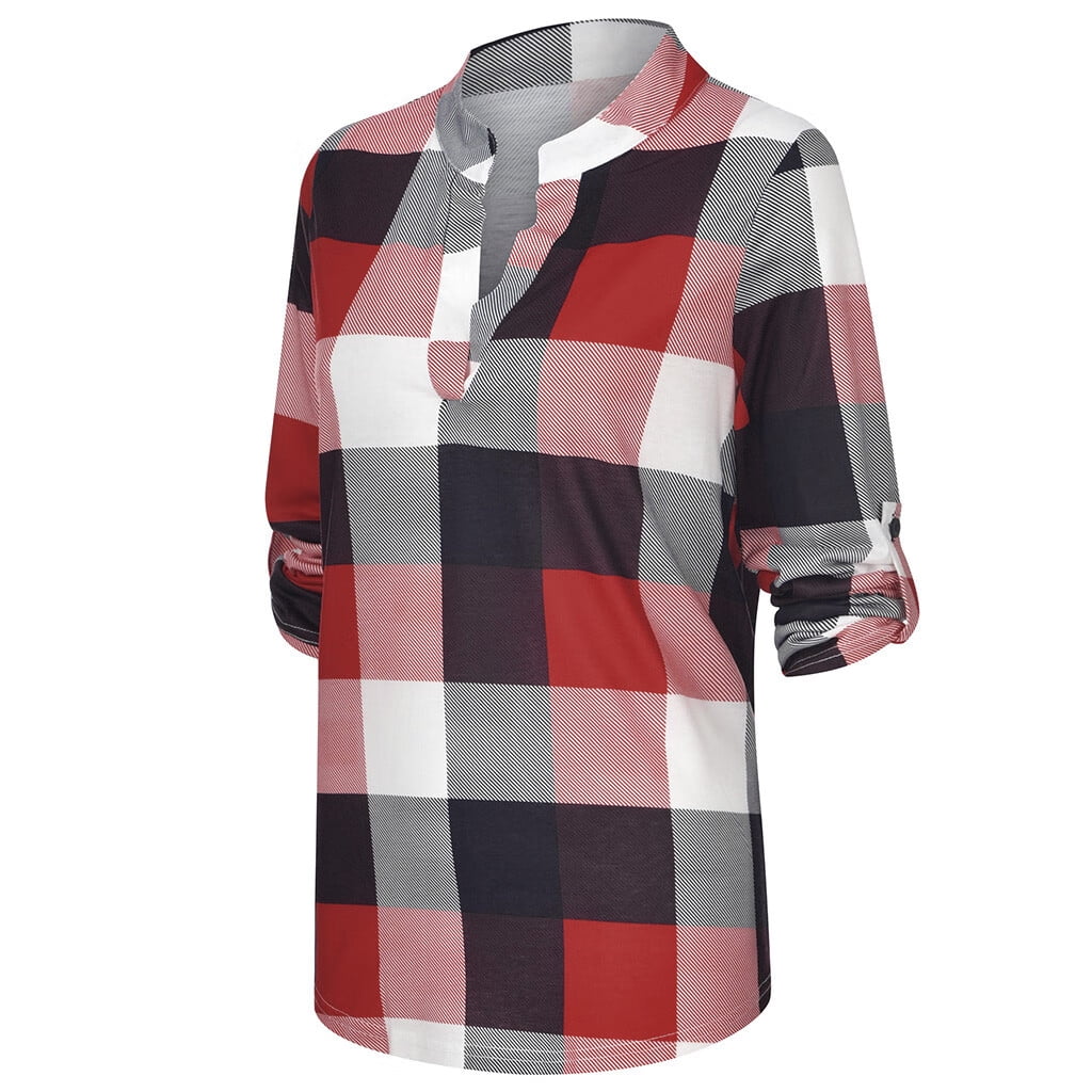 Plaid Spring Blouse with V-Neck in Plus Size