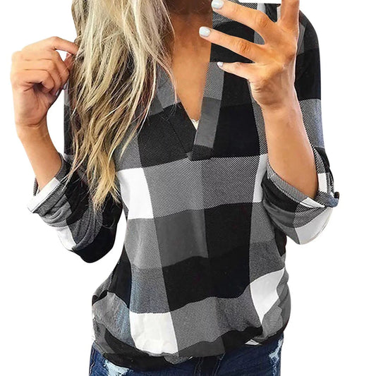 Plaid Spring Blouse with V-Neck in Plus Size