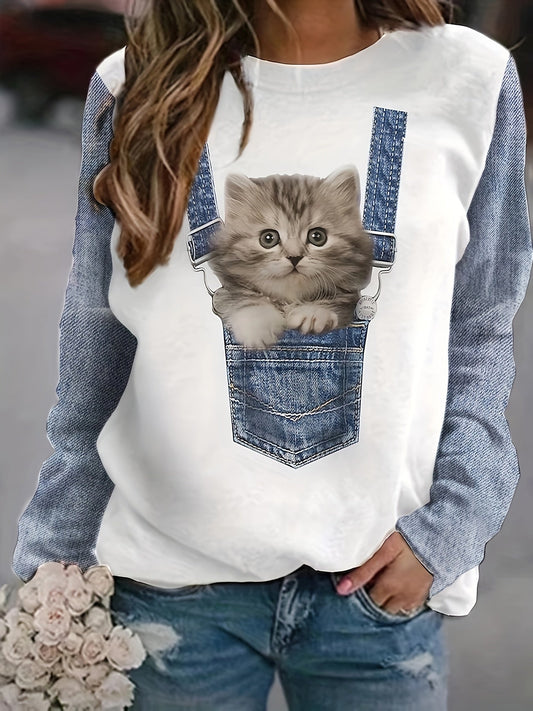 Cat Print T-Shirt with Trendy Color Block Details for Summer 2025 – Celeste