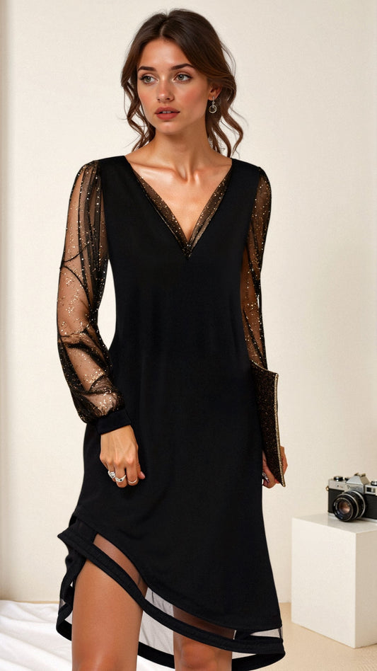Women's Mini Dress with Long Sleeves and V-Neck for Summer