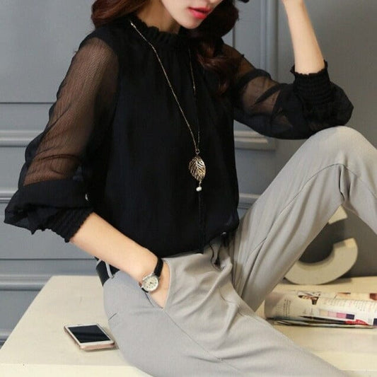 Elegant Women's Chiffon Blouse with Ruffles & Transparent Sleeves – Elina