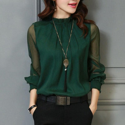 Elegant Women's Chiffon Blouse with Ruffles & Transparent Sleeves – Elina