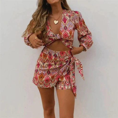 Ayesha - Crop blouse and wrap skirt shorts set