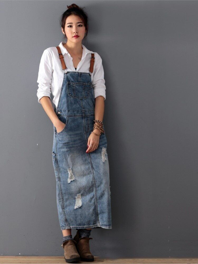 Romilly - Ripped Denim Overall Dress