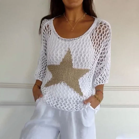 Knitted Mesh Shirt with Round Neck & Crochet Pattern – Noelle