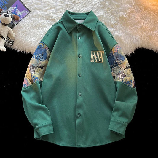 Richard - Embroidery Patchwork Bear Long Sleeve Shirt for Men