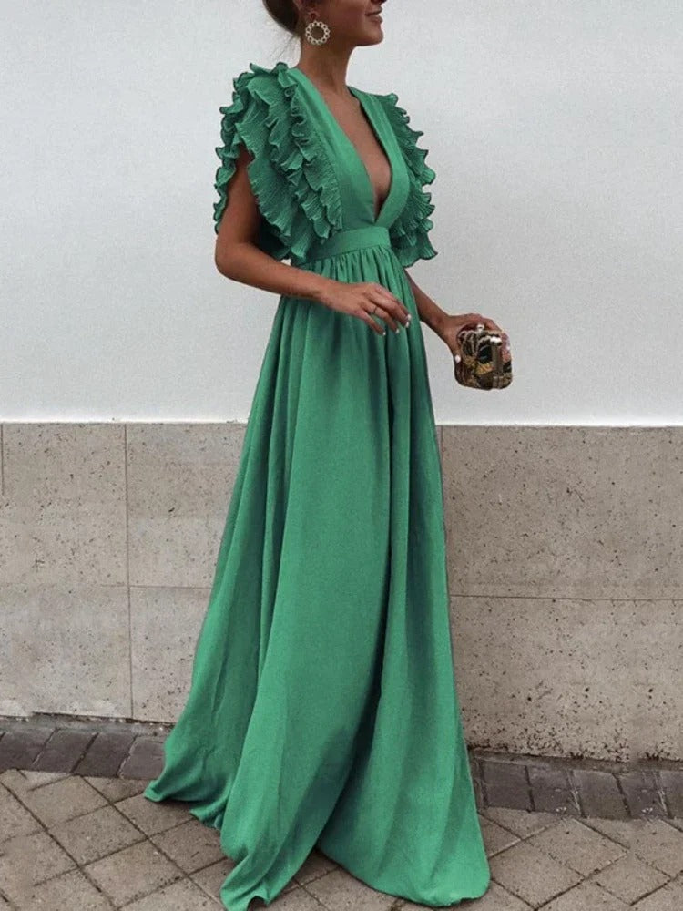 Helena - Elegant dress with V-neck and fringed sleeves