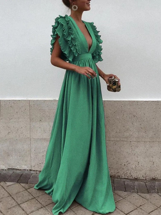 Helena - Elegant dress with V-neck and fringed sleeves