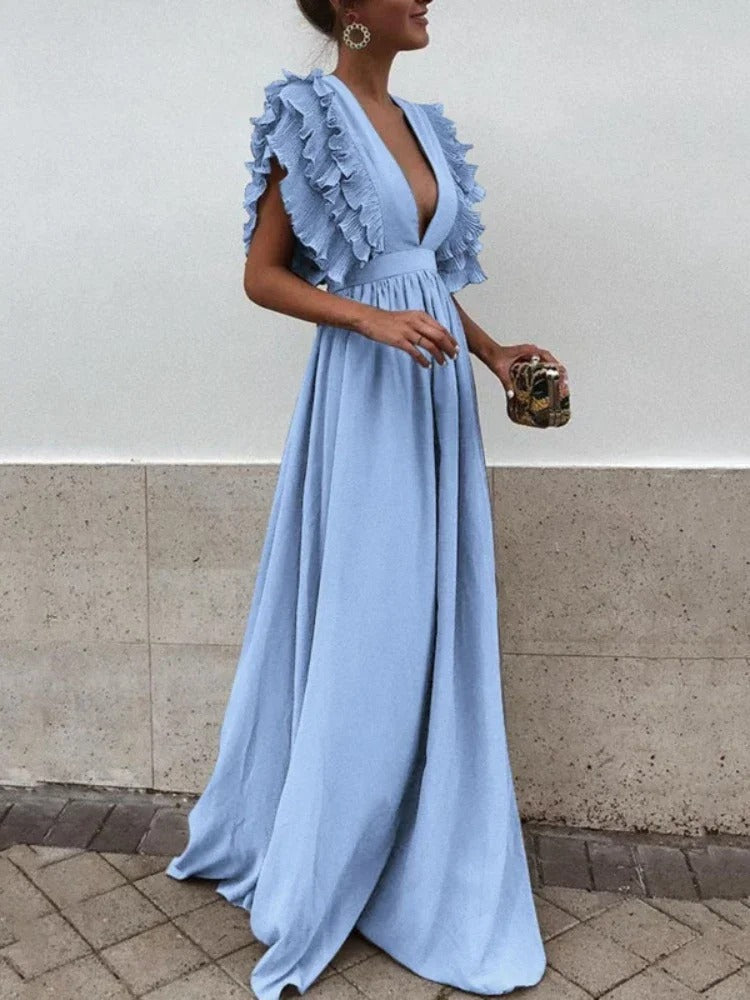 Helena - Elegant dress with V-neck and fringed sleeves