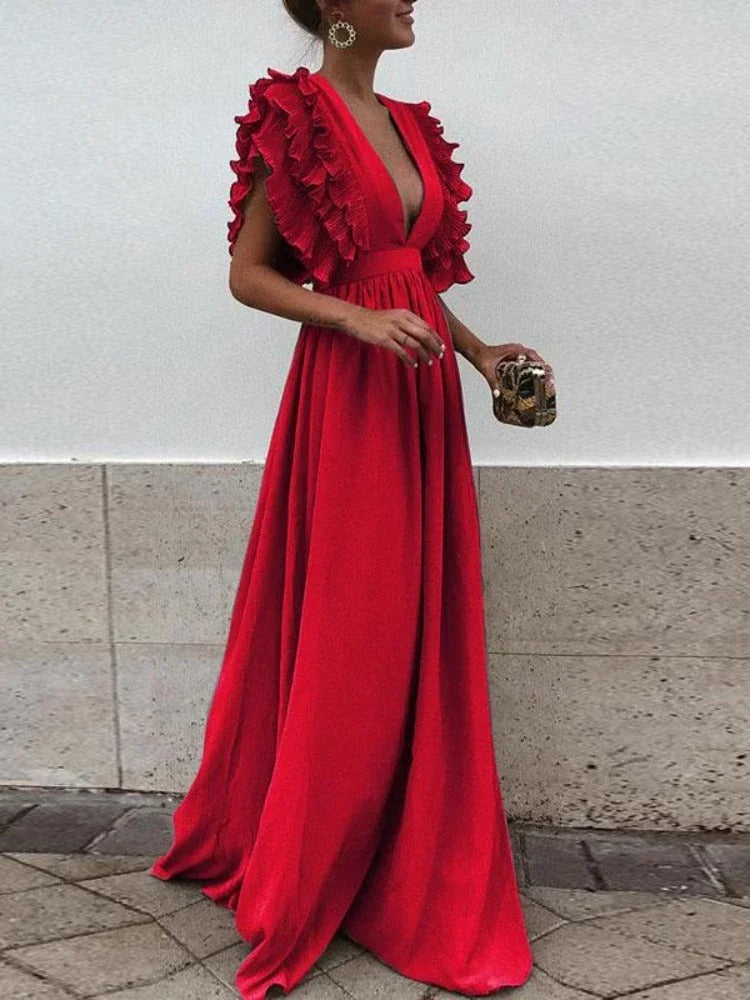 Helena - Elegant dress with V-neck and fringed sleeves