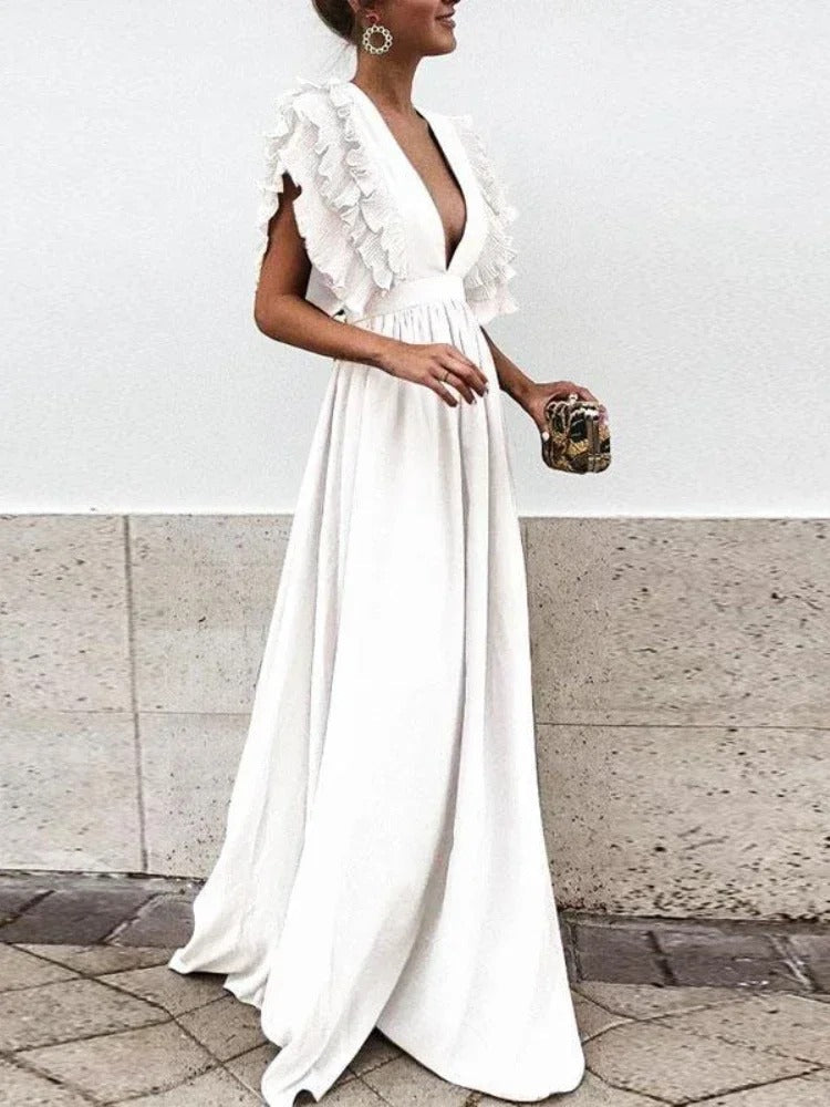 Helena - Elegant dress with V-neck and fringed sleeves