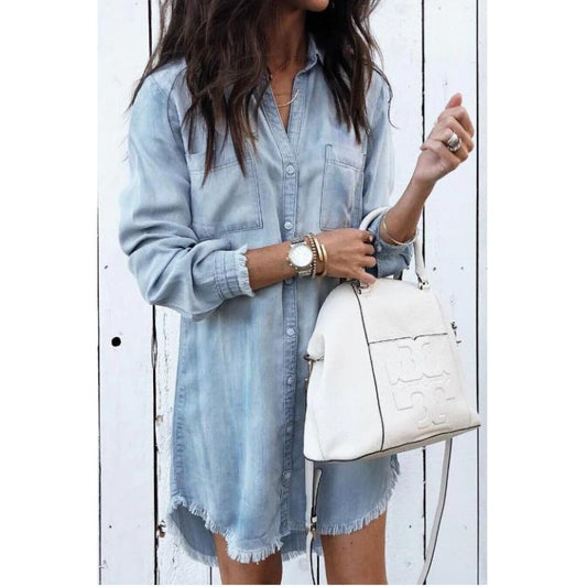 Denim Dress - Shirt Style - Classic Denim, Flattering Silhouette - Perfect for Any Occasion