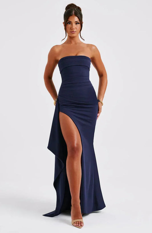 Women's Strapless Maxi Dress with Side Slit for Summer